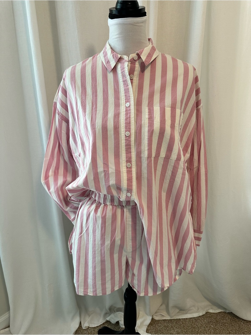 Madewell Pink and White Striped Button-Up Shirt and Shorts Set